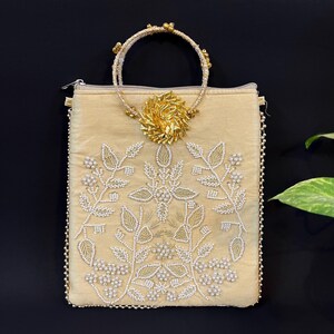 Bolso de novia bordado a mano de diseñador exclusivo, bolso de boda, bolso de mano de novia, regalo, recuerdo de boda, bolso Potli con cuentas, color beige