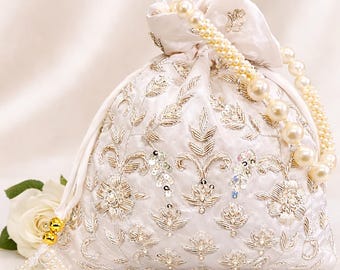 Ivory Zardozi Embroidered Satin Wedding Potli Bag for Woman | Luxury | Evening | Wedding Bride | Cocktail Handcrafted Drawstring Purse Bag