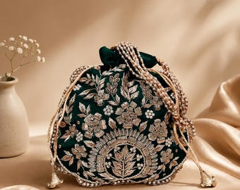 インドの手工芸品、エメラルドグリーンの刺繍入りポトリバッグ（パールハンドル付き） – インドの結婚式用財布、ブライダルギフト、エスニッククラッチ、ザルドージ刺繍