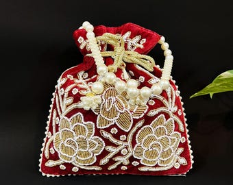 Embroidered Bridal Potli Bag: Maroon Beaded Wedding Purse with Pearl Handle