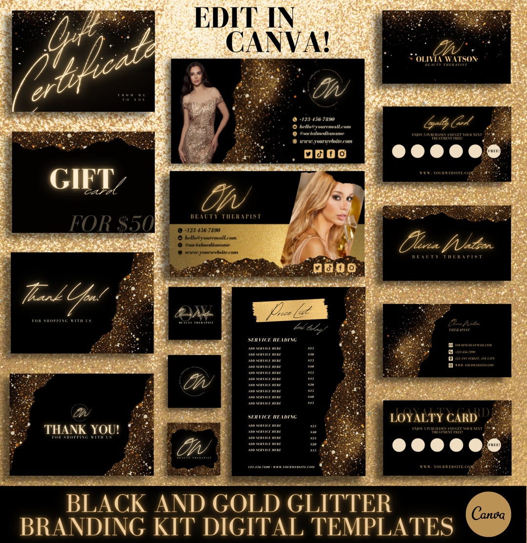 Black & Gold Girl Beauty Branding Kit Canva, DIY Editable Templates ...