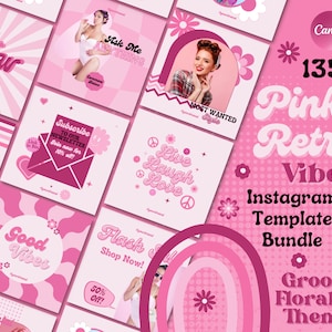 May include: A bundle of 135+ pink and white Instagram templates with a retro groovy floral theme. The templates feature various designs with text such as "Live Laugh Love", "Good Vibes", "Ask Me Anything", and "Most Wanted Style".