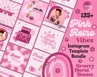 Retro Pink Instagram Template Posts, Canva Templates , Social Media, Business IG Posts, Pink Canva Design, Groovy Feed Branding, lash nails