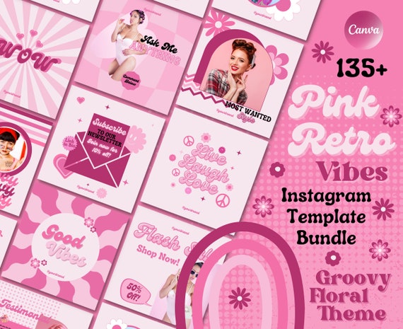 Retro Pink Instagram Template Posts, Canva Templates , Social Media, Business IG Posts, Pink Canva Design, Groovy Feed Branding, lash nails