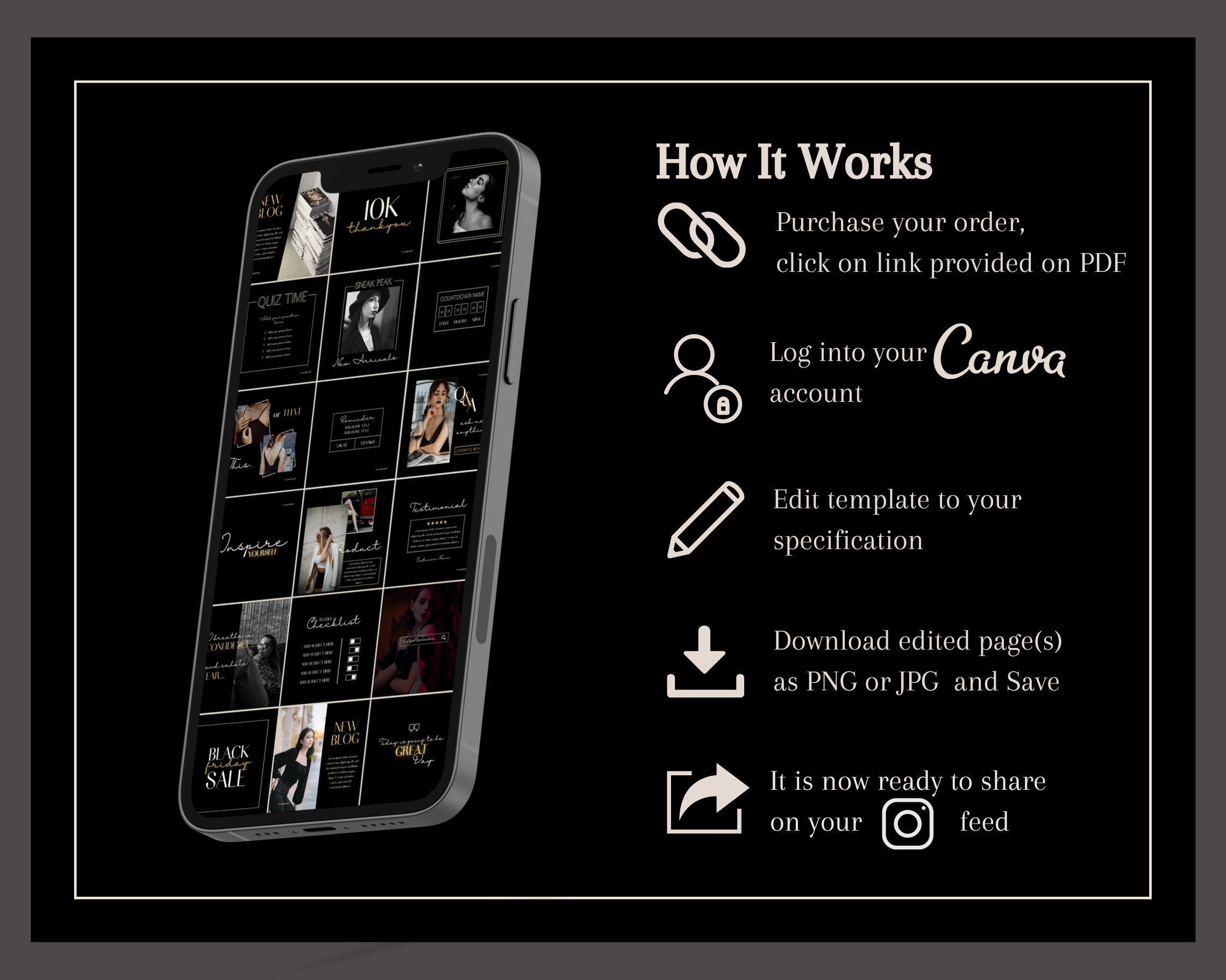 Luxury Dark Minimal Instagram Templates Posts Stories, Black Canva ...
