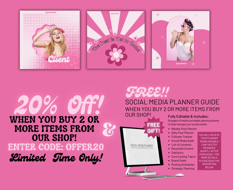 May include: Pink and white social media planner guide with a 20% off sale when you buy 2 or more items. The text "FREE!!" is in a large, bold font. The text "FREE GIFT!" is in a smaller font. The text "Limited Time Only!" is in a large, bold font. The text "Enter Code: OFFER20" is in a smaller font. The text "You will receive your planner downloadable link via Etsy messages shortly after purchases. For more details please read the description below." is in a smaller font.