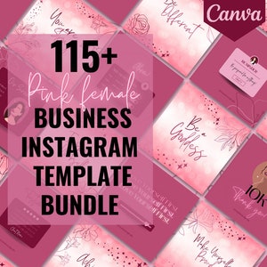 May include: A collection of pink and white Instagram templates for business featuring floral designs, motivational quotes, and the text "115+ Pink Female Business Instagram Template Bundle".