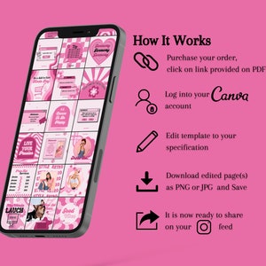 May include: A pink and white phone screen displaying a grid of 16 social media post templates. The templates feature various designs and text, including "Live Your Passion", "Choose To Be Happy", and "Style Retro". The phone is angled to the right, and the screen is partially obscured by a white background. The text "How It Works" is displayed in black text on a pink background, along with a series of icons and instructions for using the templates.