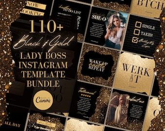 112 Black & Gold Girl Boss Instagram Templates, Lady Boss IG Template, Instagram Content Feed Quotes Luxury Fashion Lashes Nails Hair Beauty