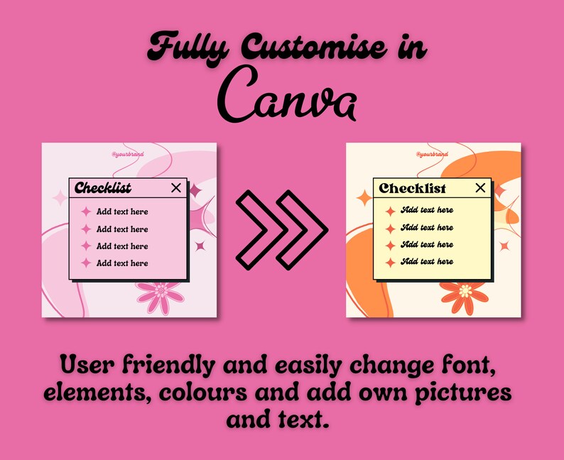 May include: Two pink and orange checklist templates with a retro design. The checklist is titled "Checklist" and has a close button in the top right corner. The checklist has five bullet points with the text "Add text here" on each bullet point. The templates are fully customizable in Canva.