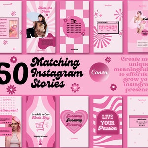 May include: A collection of 50 pink and white Instagram story templates with various designs, including a countdown timer, a heart-shaped giveaway graphic, and a testimonial section. The text "Matching Instagram Stories" is displayed in a large, bold font.