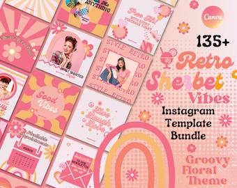 May include: A set of 135+ Instagram templates featuring a retro sherbet vibe with groovy floral designs. The templates feature a variety of colors, including pink, orange, yellow, and green. The text "135+ Retro Sherbet Vibes Instagram Template Bundle Groovy Floral Theme" is displayed in a bold, retro font.