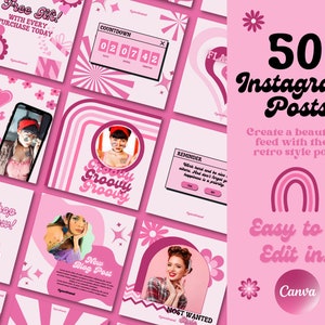 May include: A collection of 50 retro-style Instagram post templates featuring pink, white, and black colors. The templates include various designs with text, images, and graphics. The text includes phrases like "Free Gift!" and "We Selfies". The templates are easy to edit in Canva.