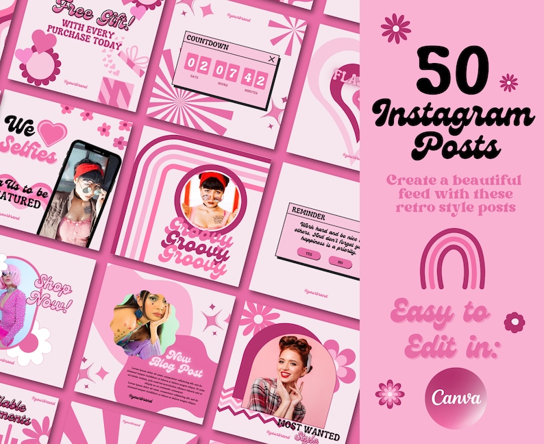 May include: A collection of 50 retro-style Instagram post templates featuring pink, white, and black colors. The templates include various designs with text, images, and graphics. The text includes phrases like "Free Gift!" and "We Selfies". The templates are easy to edit in Canva.