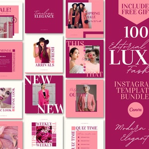 May include: A collection of 100+ Instagram templates for fashion brands. The templates feature a pink and burgundy colour scheme with text overlays like "Sale!" and "Timeless Elegance". The templates are designed for use with Canva.