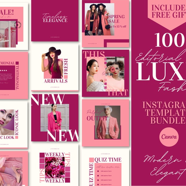 Luxury Aesthetic Fashion Instagram Templates Posts Stories, Chic Pink IG Canva Templates, Luxe Social media Business, Makeup Beauty Branding