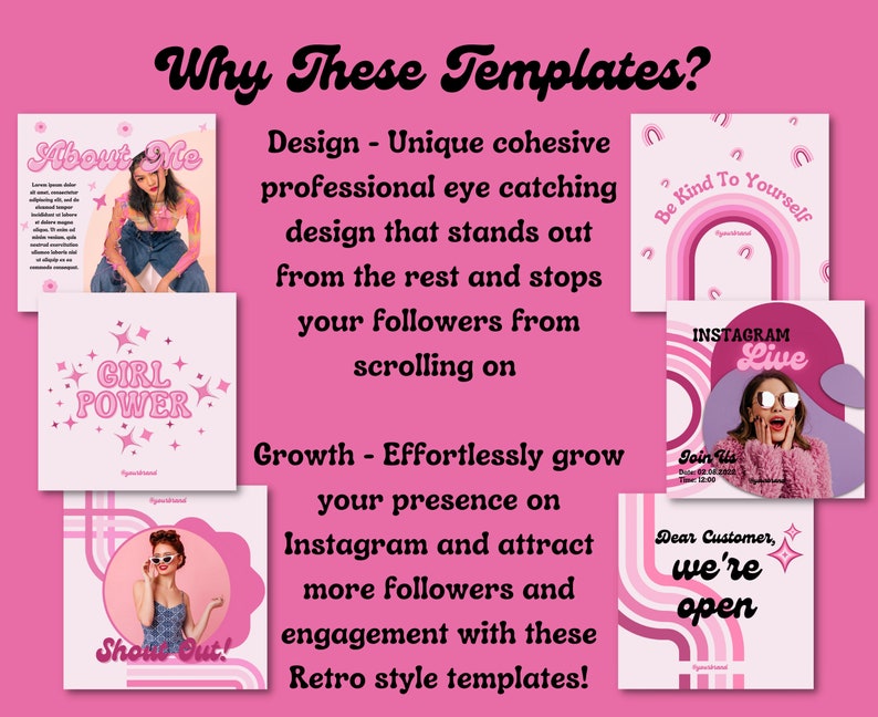 May include: A collection of pink and white Instagram story templates with retro-inspired designs. The templates feature text like "About Me", "Girl Power", "Be Kind To Yourself", "Instagram Live", "Join Us", and "We're Open".