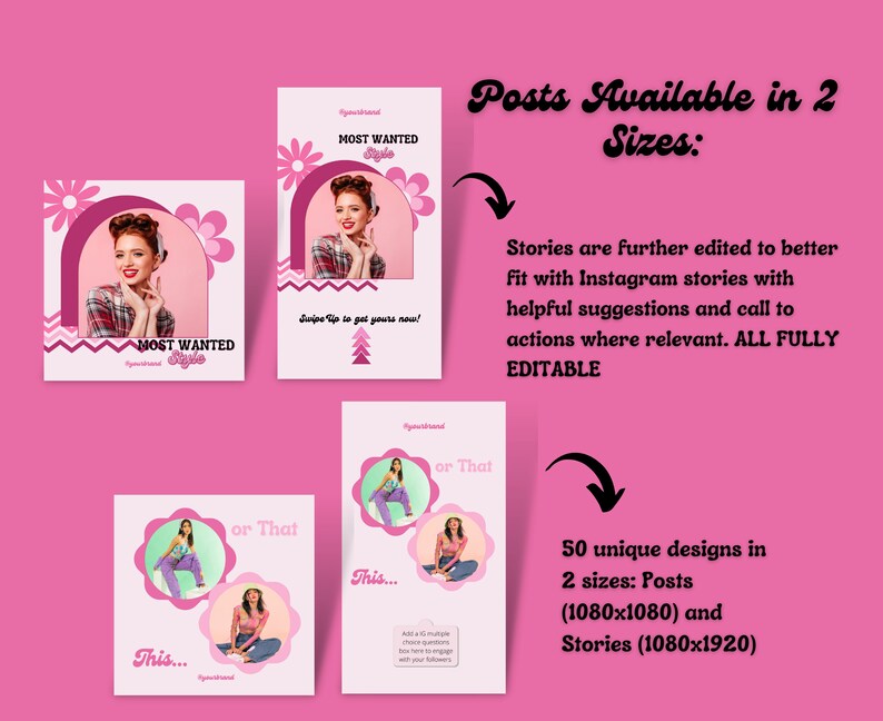 May include: 50 unique designs for Instagram posts and stories in two sizes: 1080x1080 pixels and 1080x1920 pixels. The designs feature a pink background with a retro style and text that says "Most Wanted Style" and "This... or That".