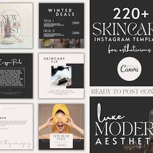 Instagram Templates Skincare, Esthetician Instagram Posts Stories, Luxury Modern Aesthetic Instagram Content, Branding Canva, Black & white