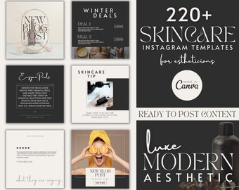 Instagram Templates Skincare, Esthetician Instagram Posts Stories, Luxury Modern Aesthetic Instagram Content, Branding Canva, Black & white