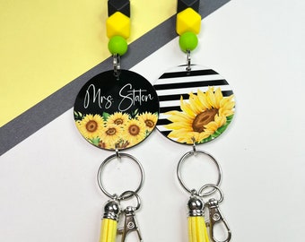 Sunflower Personalized Lanyard / Spring Flower Lanyard Teacher Nurse Coach Secretary / Handmade Gift Teacher Appreciation / Yellow Sunflower