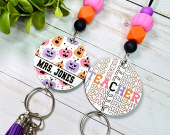Cute Pink Pumpkin Lanyard / Pink Pumpkin Focal Bead / Halloween Pumpkin Lanyard / October Teacher Lanyard / Pastel Pumpkin Lanyard