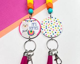 Personalized Llama Lanyard / White Alpaca Breakaway Lanyard Necklace / Fun Lanyard / Hot Pink Lanyard / Animal Lanyard Counselor Cute Llama