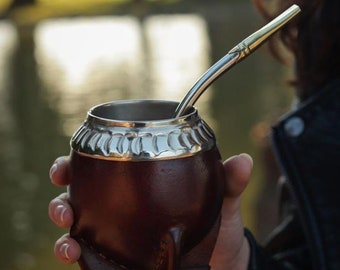 Juego de calabazas tradicionales de Yerba Mate: calabaza mate de madera  dura hecha a mano + paja de bombilla de acero inoxidable.