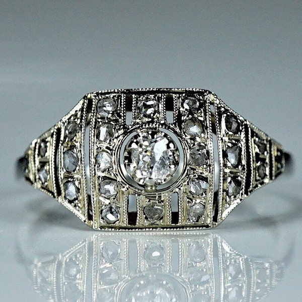 Bague de fiançailles édouardienne antique en or blanc 18 carats et diamants