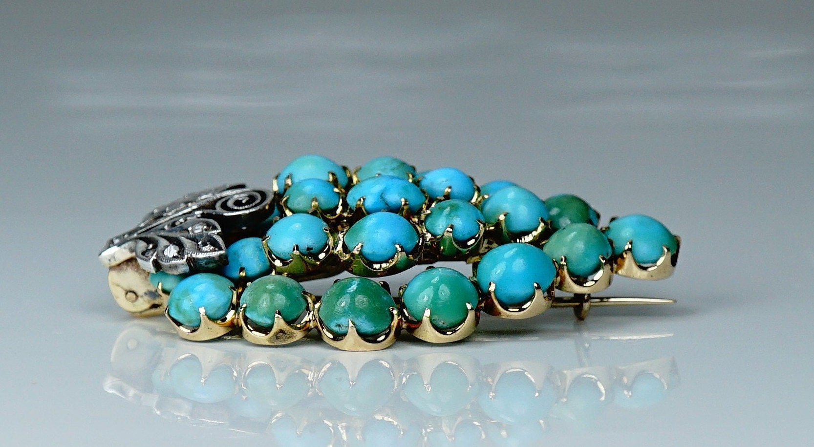 Broche Édouardienne Originale En Or Jaune 10 Carats Et Turquoises - 3 Pierres Naturelles, Vintage