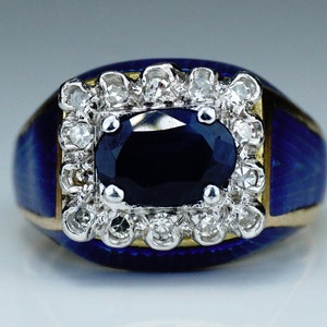 Vintage 18 Carat Gold Diamonds  Sapphire Enamel Ring