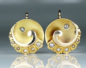 Pendientes antiguos victorianos de oro de 18 quilates con diamantes y perlas