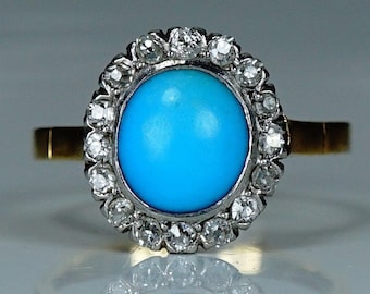Antique French Platinum 18 Carat Gold Diamond Turquoise Engagement Ring