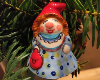 Ceramic Handmade Girl Gnome Bell. Unique Ceramic Art. Only Handmade Gifts. Smiling pretty Female Gnome.
