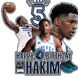May include: A blue and white basketball themed birthday card with the name Hakim and the text "Happy Birthday". The card features a basketball player in a blue and white jersey with the number 5 and the name Edwards on the back. The card also features a basketball player in a blue and white jersey with the number 5 and the name Edwards on the back.