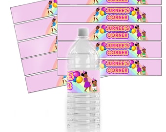 May include: Water bottle labels with a rainbow, balloons, and the text "Jurnée's Corner". The labels feature a cartoon illustration of a girl and boy.