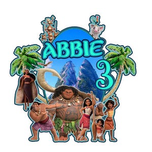 Puede incluir: Un diseño de cumpleaños colorido con personajes de la película animada Moana. El diseño incluye un óvalo azul con el nombre "Abbie" y el número "3" en color turquesa. Los personajes incluyen a Maui, Moana y otros de la película. El diseño está rodeado de palmeras y un fondo de isla tropical.