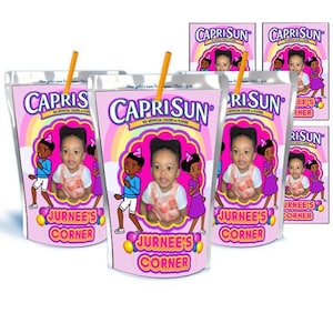 May include: Three pink Capri Sun juice pouches with a personalized design featuring a baby's photo and the text "Jurnée's Corner".