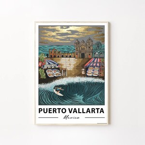 Puerto Vallarta Mexico Poster, Surfing Wall Art, Mexican Coastal Culture Decor Print, Mexican Travel Poster, Mexican Home Decor Poster