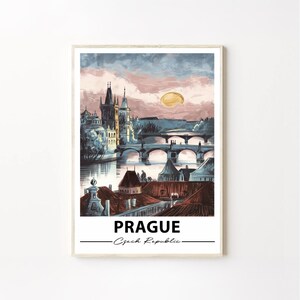 Prague Czech Republic Travel Poster, Charles Bridge and Sunset European Heritage Wall Art Print, Prague Wall Poster, Czech Republic Art