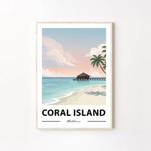 Impresión de viaje a la Isla Coral, Maldivas, Decoración de pared de Maldivas, Póster de la Isla Coral, Impresiones de viaje a la Isla Coral, Impresión artística de Maldivas, Isla Coral