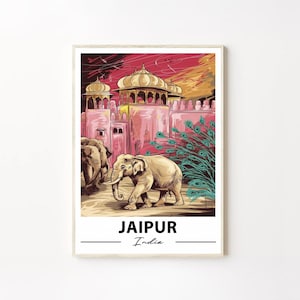 Jaipur India Travel Poster, Pink City Palace and Elephants Rajasthani Heritage Wall Art Print, India Wall Poster, Jaipur Wall Poster Art