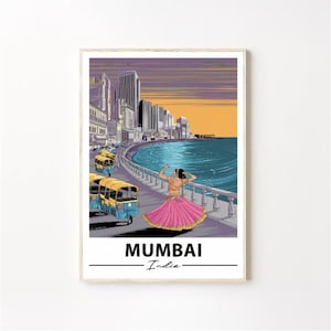 Impression d'art mural de Mumbai, affiche de la ville indienne, danseuse et art de voyage moderne en tuk-tuk, décoration de Mumbai, Inde, impression physique, affiche murale de Mumbai, Inde