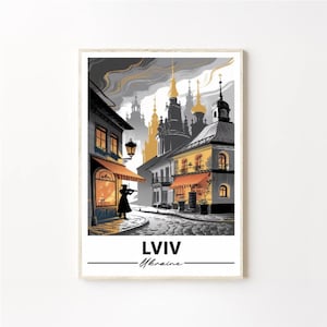 Lwiw Ukraine Reiseplakat, Vintage europäische Stadt Wand-Kunstdruck, Lemberg Architektur Illustration, Ukraine Geschenk, Ukraine Kunst, physischer Druck