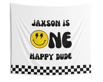 One Happy Dude Backdrop Editable, Yellow Smiley Birthday Large Banner, Retro Cool Boy Checkered First Birthday Party Decor Instant