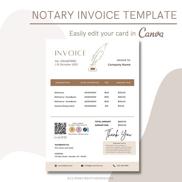 Notary Invoice Template | Invoice for Notary Public | Loan Signing Agent Invoice | Loan Signing Agent Supplies