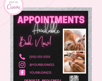 Appointments Available Flyer, Appointments Available, Appointments Flyer, Lash Tech Flyer,  Canva Template, DIY Flyer, Book Now Flyer