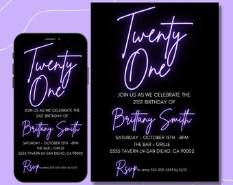 21st Birthday Invitation Electronic, Editable Template, for girl, 21, SMS Invite, Neon Purple, Digital, 21 for her