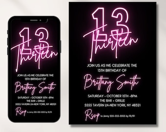 13th Birthday Invitation for girl, Hot Pink, Editable Template, 13 Bday Invites, Neon Light, Digital File, Instant Download