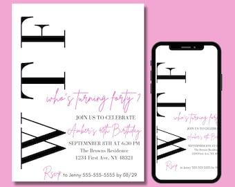 40th Birthday Invitation for Women, 40th Birthday Invitation Printable, Neon, Electronic Invite, Text Invite, Forty and Fabulous